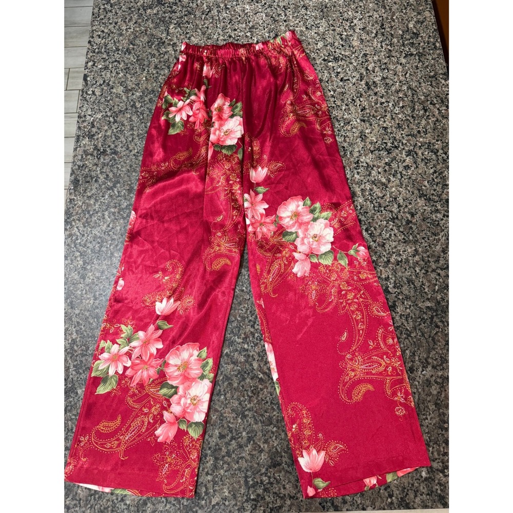 Red Floral Paisley Satin Pajama Pants Wide Leg Elastic‎ Waist Lounge Sleepwear